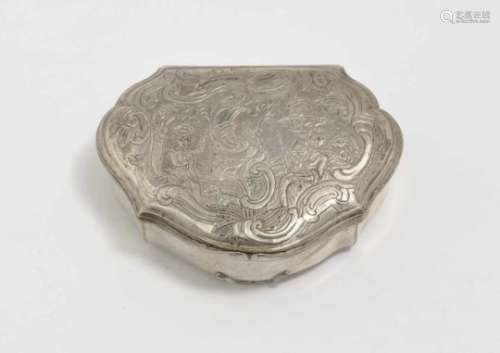 A Snuff Box18th Century Silver, gilt interior. Engraved and chased decoration, engraved on the