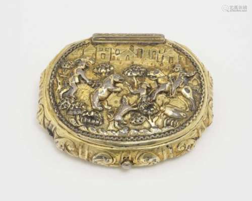A Snuff BoxProbably 18th Century Silver, gold-plated. Hammered, chased and embossed decoration.