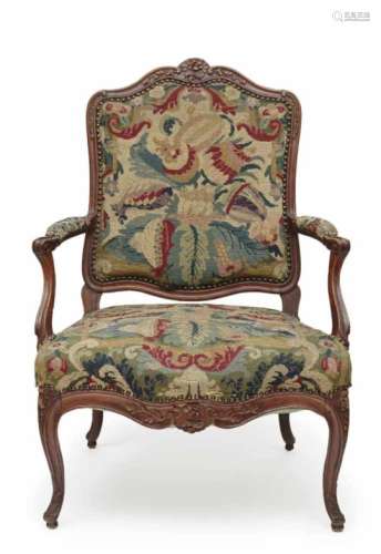 A FauteuilGerman, 18th Century Beechwood, glazed. Embroidery cover. Restored, age appropriate