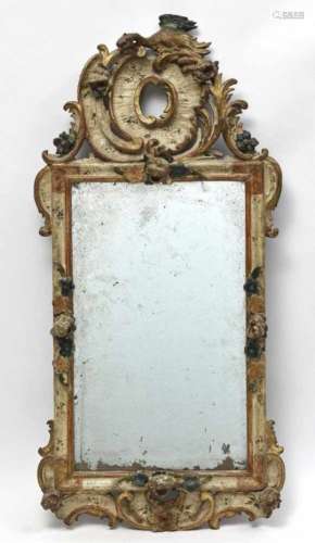 A MirrorSouth German, mid-18th Century Polychrome painted wood. Restored, scuffed. 77 x 38 cm.