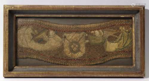 Fragment of an OrphreySouth German, circa 1500 Embroidery in silk and gold thread. Cut, damaged.