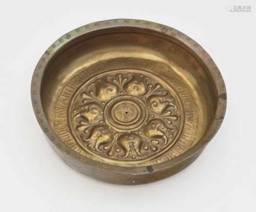 A BowlGerman, circa 1500 Brass. Embossed decoration. Repaired, minor damage. Diameter 28 cm.Tiefe