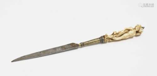 A Knife with Ivory HandleLate 17th Century Iron blade and shaft floral ornamented and partly gold-