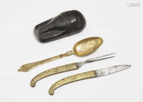 A Three-Piece Travel Cutlery Set with Leather Case18th Century Metal, partly gold-plated. Knife