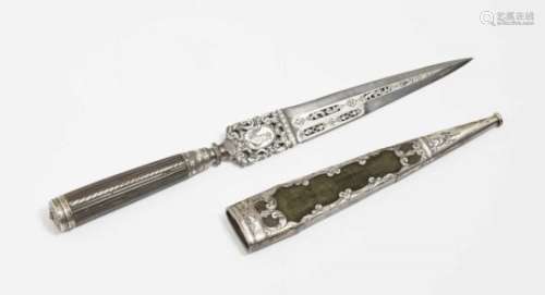 A Hunting Knife with Sheath18th/19th Century Steel blade, blade neck with engraved medallions.