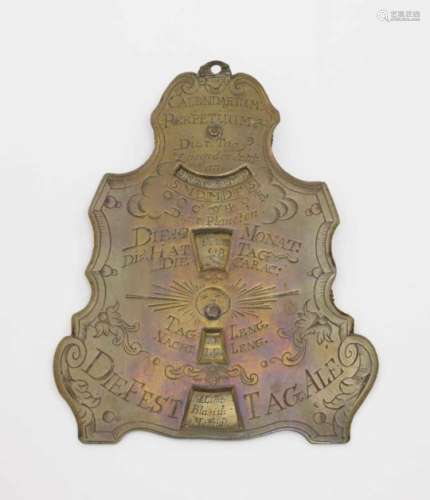 A Perpetual CalendarGerman, 18th Century Brass. Apertures for date and month display, day and
