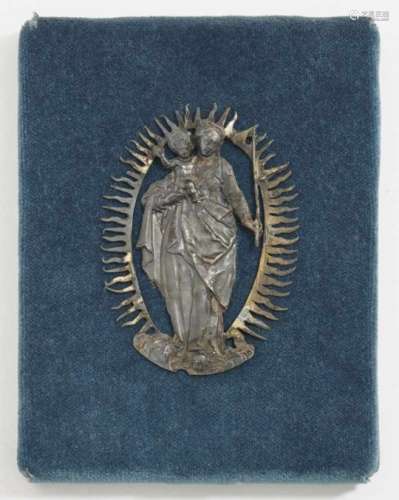 The Virgin Mary Surrounded by an AureolaSouth German, 18th Century Silver plaque mounted on blue