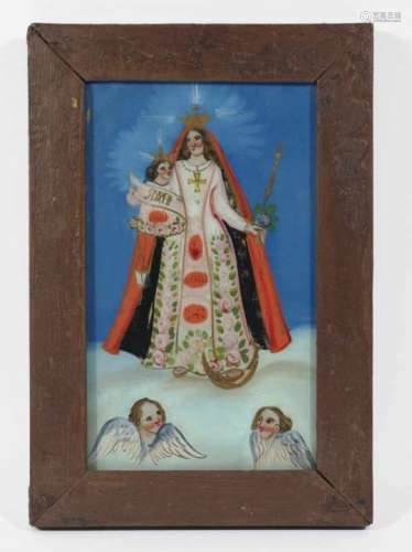 The Virgin and Child in CloudsSouth German, 19th Century Reverse glass painting. 26 x 17.5 cm.