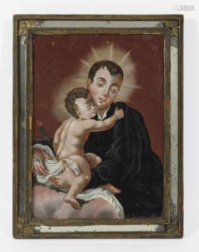 Saint Anthony of PaduaProbably Italy, early 19th Century Reverse glass painting. 31 x 24 cm.