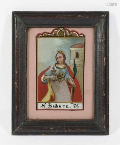 Saint BarbaraProbably South German, 19th Century Reverse glass painting. 18.5 x 14.5 cm. Framed.