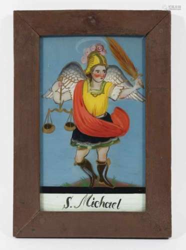 Saint MichaelSouth German, 19th Century Reverse glass painting. 25.5 x 17.5 cm. Framed.Saints,