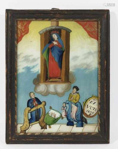 Ex VotoSouth German, dated 1835 Reverse glass painting. 28.5 x 22 cm. Framed.Saints, Sacred art,