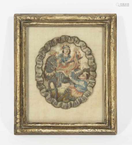 Saint Martin and the Beggar18th Century Embroidery picture (fragment). Oval in a curved frame.