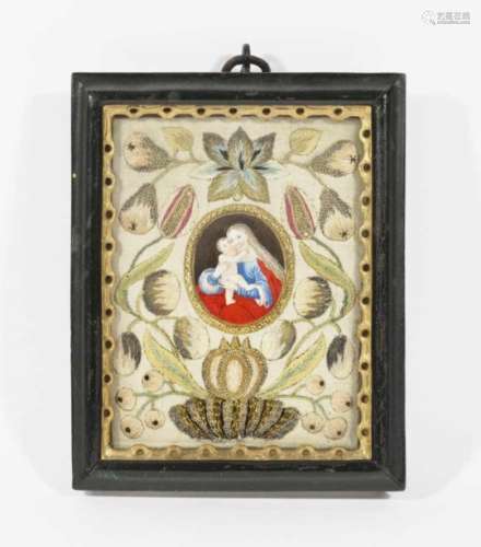 A Monastery WorkSouth German, 19th Century Gold and silk embroidery. 18 x 14 cm. Framed.Saints,