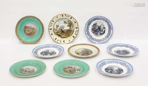 Quantity of 19th century Pratt-type earthenware plates, each with transfer printed roundel to