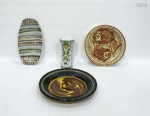 Continental majolica octagonal vase, trumpet shaped, stylised leaf decoration and three various