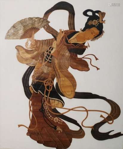 Rohitha  Mixed media Dancer with fan, signed 'Rohitha, Sri Lanka', 38cm x 30cm  Pair of woodblock