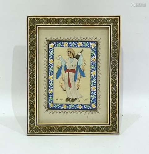 Persian miniature Study of a woman with mandolin, 15cm x 11cm, in inlaid frame
