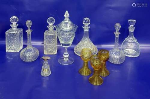 Cut glass ship's decanter with stopper, two cut glass spirit decanters, pair ball and shaft shape