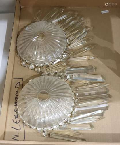 Pair of pendant light fittings, each in the form of ribbed glass dome, having numerous cut prismatic