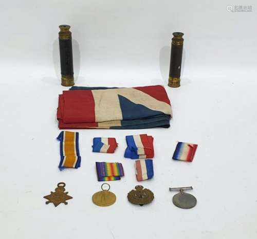 Two WW1 medals and a WW1 Star awarded to Pnr S R Hicks and a cap badge, sundry ribbons, two old