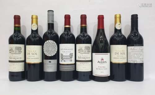 Eight bottles of mixed red wine to include Averys Fine Red Burgundy 2012 and Chateau Savariaud