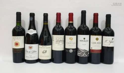 Eight bottles of mixed red wine to include Portuguese Socalco Douro 2014 and Olivier Ravoire Cote de