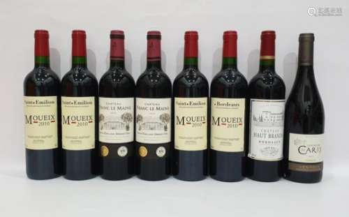Eight bottles of mixed red wine to include four bottles of Saint-Emilion Moueix 2010 and two bottles