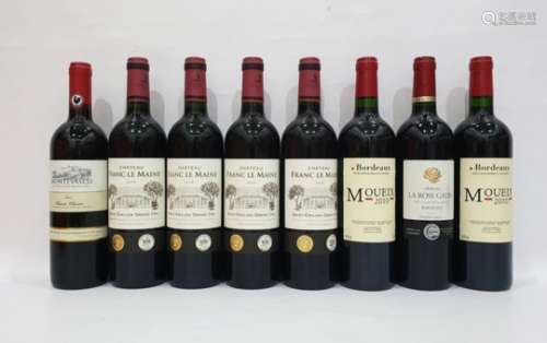 Eight bottles of mixed red wine to include four bottles of Chateau Franc Le Main 2010 Saint-