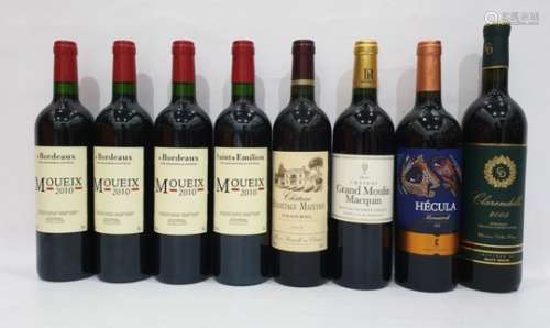 Eight bottles of mixed red wine to include four bottles of Bordeaux Moueix 2010, one bottle of
