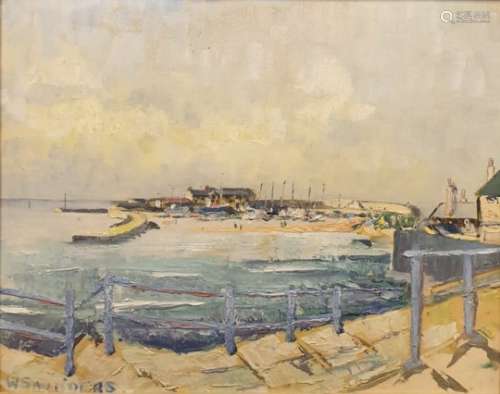 W Saunders Oil on board Marina scene, together with further pictures and prints