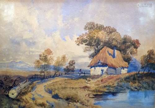 David Cox Junior (attr) (1809-1885) Watercolour drawing  Thatched cottage by a track, 24cm x 34cm