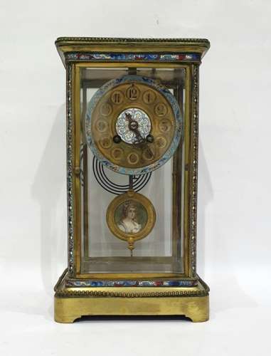 19th century French brass and enamel mantel clock in four glass sided case, the dial with Arabic