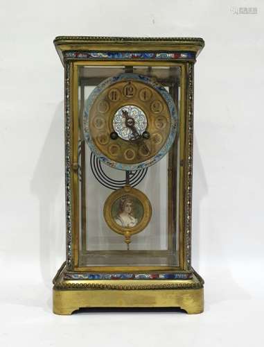 19th century French brass and enamel mantel clock in four glass sided case, the dial with Arabic