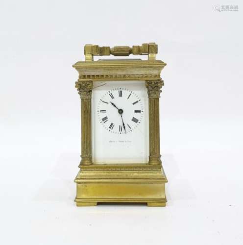 French brass carriage clock with Roman numerals to the enamel dial, marked 'Janetti Padre &