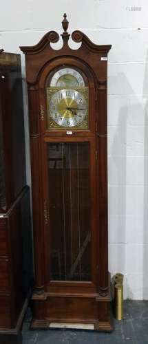 Modern chiming longcase clock with moonphase movement, Arabic numerals to the brass dial and steel