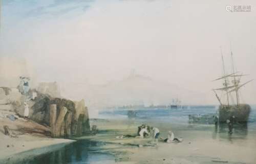 Colour print Children on beach with castle on hill in background together with Colour print of a