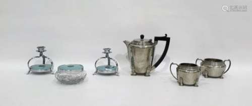 'My Lady' hammered pewter Art Deco style coffee set comprising a coffee pot and cover, a two-handled