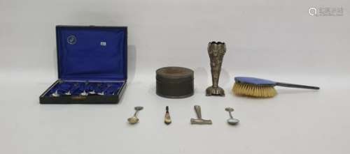 Quantity of silver-plate to include enamel-backed clothes brush, souvenir spoons, tin box, etc