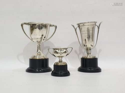Silver two handled trophy cup, the Royal Island Club, The Duffers Cup 1956, raised on a circular