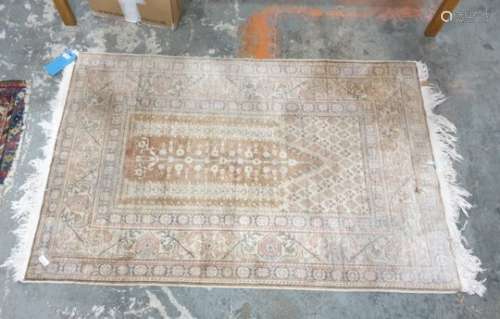 Early 20th Century Turkish prayer rug in browns, fawns, pinks and blues, on stepped border 132cm x