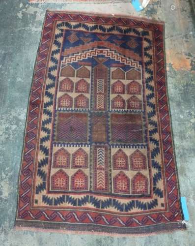 Eastern rug - blue ground, stepped border in  blues, reds, browns and greens 152 x 92 cms