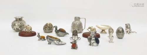 Quantity of small white metal items to include pots, pin cushions and novelty items