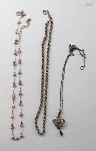 Silver, amethyst and seedpearl pendant with chain link necklace, a silver ropetwist pattern chain