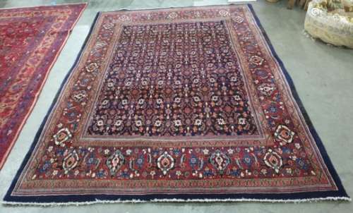 Blue ground rug with allover foliate decoration, on a stepped border, 224cm x 315cm