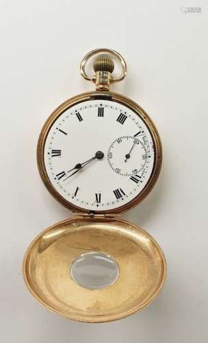Gent's 9ct gold half hunter pocket watch with white enamel dial, Roman numerals, subsidiary