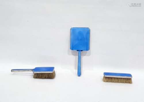 Silver plate, blue guilloche enamel dressing table set, mirror, hairbrush and clothes brush (3)