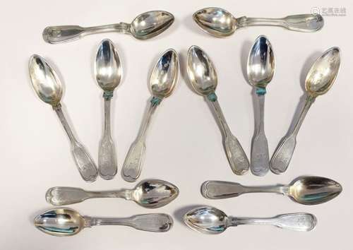 Set of 10 white metal fiddle and thread pattern coffee spoons by Sy & Wagner, Bath, 6 oz approx