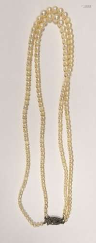 Double string of graduated pearls on silver and marcasite set clasp in Martin & Co. Cheltenham box