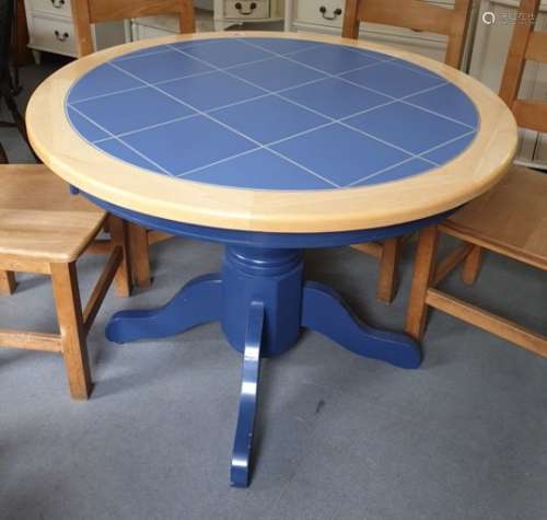 20th century blue tile-top beech-framed circular breakfast table, 106cm diameter